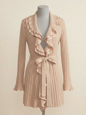 Cynthia Rowley 100% Cashmere Ruffle Wrap Cardigan – Small – Belted – Taupe